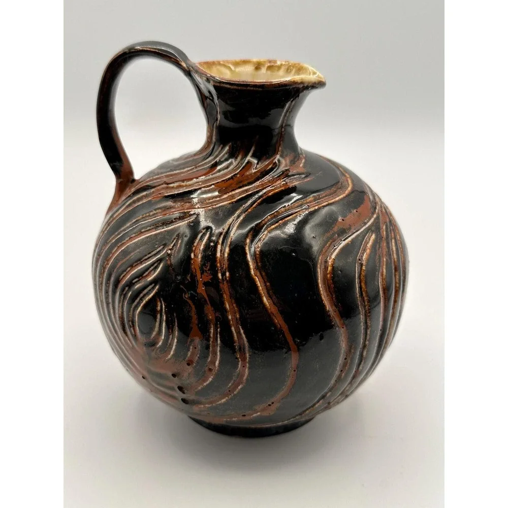 Handcrafted Studio Pottery Jug - Signed AEY Rustic MCM Swirl Glaze Pitcher